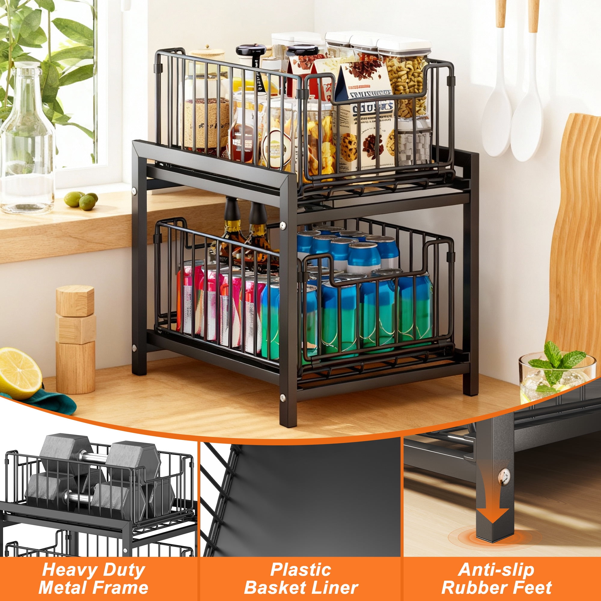 2 Tier Under Sink Organizer Rack, Pull Out Cabinet Organizer, Slide Out Sink Shelf for Kitchen & Bathroom, Black