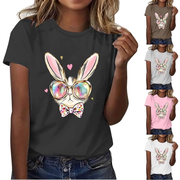 VBTAPA Happy Easter Shirt 2025 Women Short Sleeve Bunny Graphic T-shirt Easter Teacher Shirt Funny Holiday Blouse Tops Prime Sales of The Day Black M