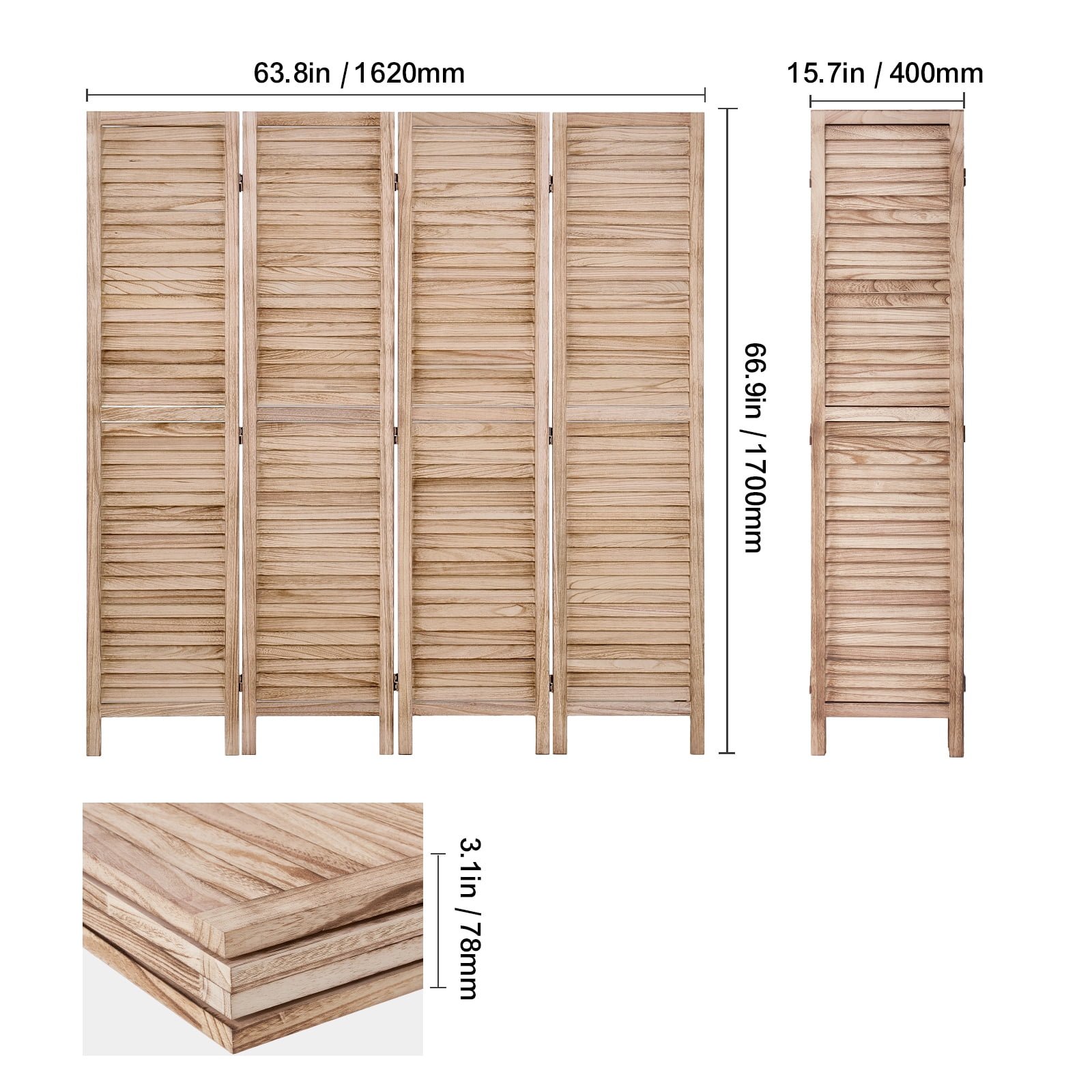 VEVOR Wood Room Divider, 4 Panel Wood Folding Privacy Screen, 66.9 Inches&nbsp;Tall Indoor Louvered Wooden Partition, Portable Decoration Screen, for Room Separation,&nbsp;Office