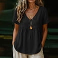 thumbnail image 4 of CHGBMOK Womens Cotton Linen T Shirts V Neck Short Sleeve Solid Top Front Ruched Cutout Lace Boho Casual Shirts, 4 of 6
