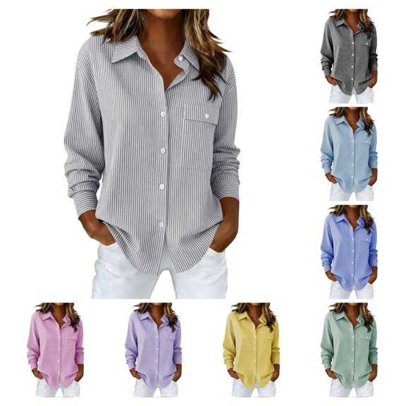 SPZTSX Button Down Shirts for Women Dress Shirt Loose Fit Striped Long Sleeve Collared Business Office Blouses