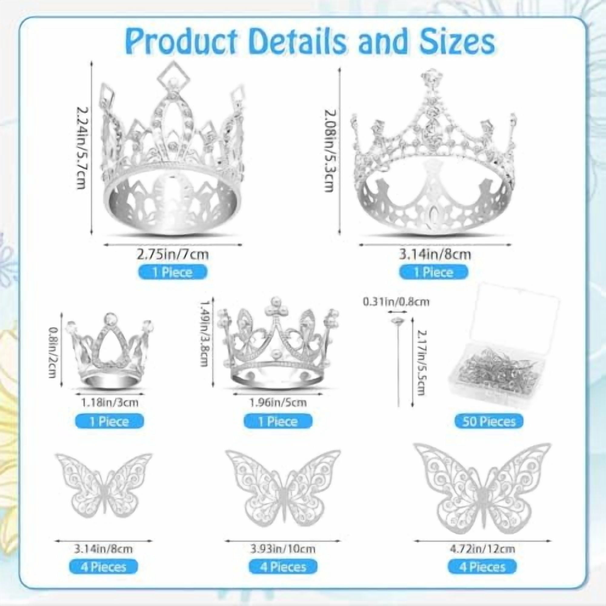 cridoz Flower Bouquet Accessories Including 4 Pcs Silver Crowns, 12 Pcs Butterfly Decorations and 50 Pcs Flower Pins for Flower Bouquets and Cake Topper Decoration