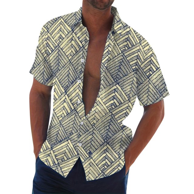 Men's Summer New Loose Print Short Sleeve Shirt Cardigan Beach Shirt XL