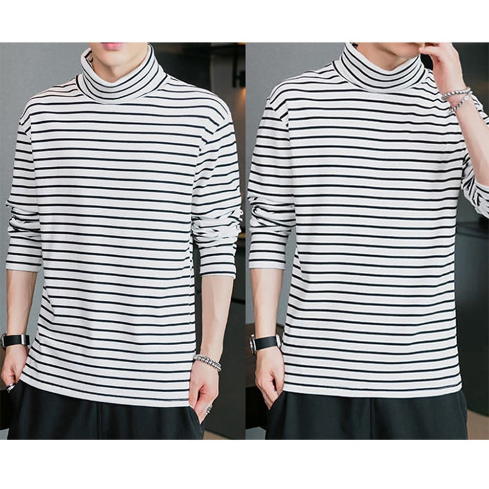 BUYISI Winter Warm Men Turtleneck Striped T-shirt Blouse Pullover