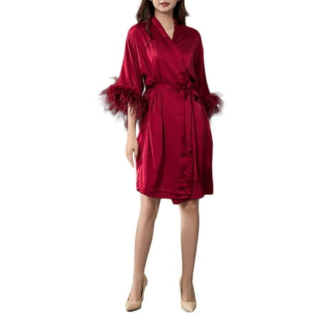 

aturustex Women Silk Satin Pajamas Feather Solid Color Long Sleeve Waist Tie-Up Casual Sleepwear
