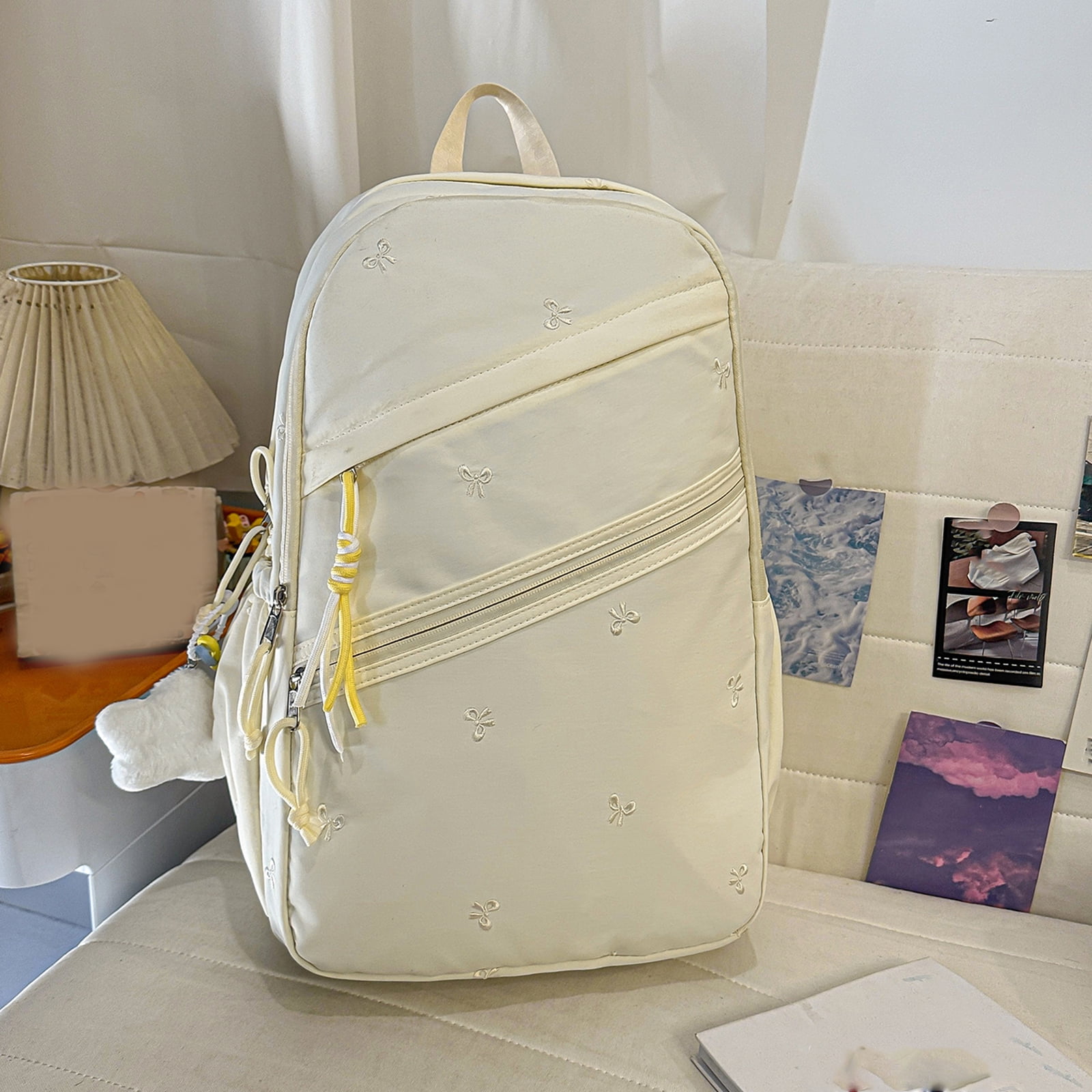 HUISZJ Floral Print School Backpack, Large Capacity Schoolbag with Pendant, Nylon School Backpack for Travel Work Shopping, White