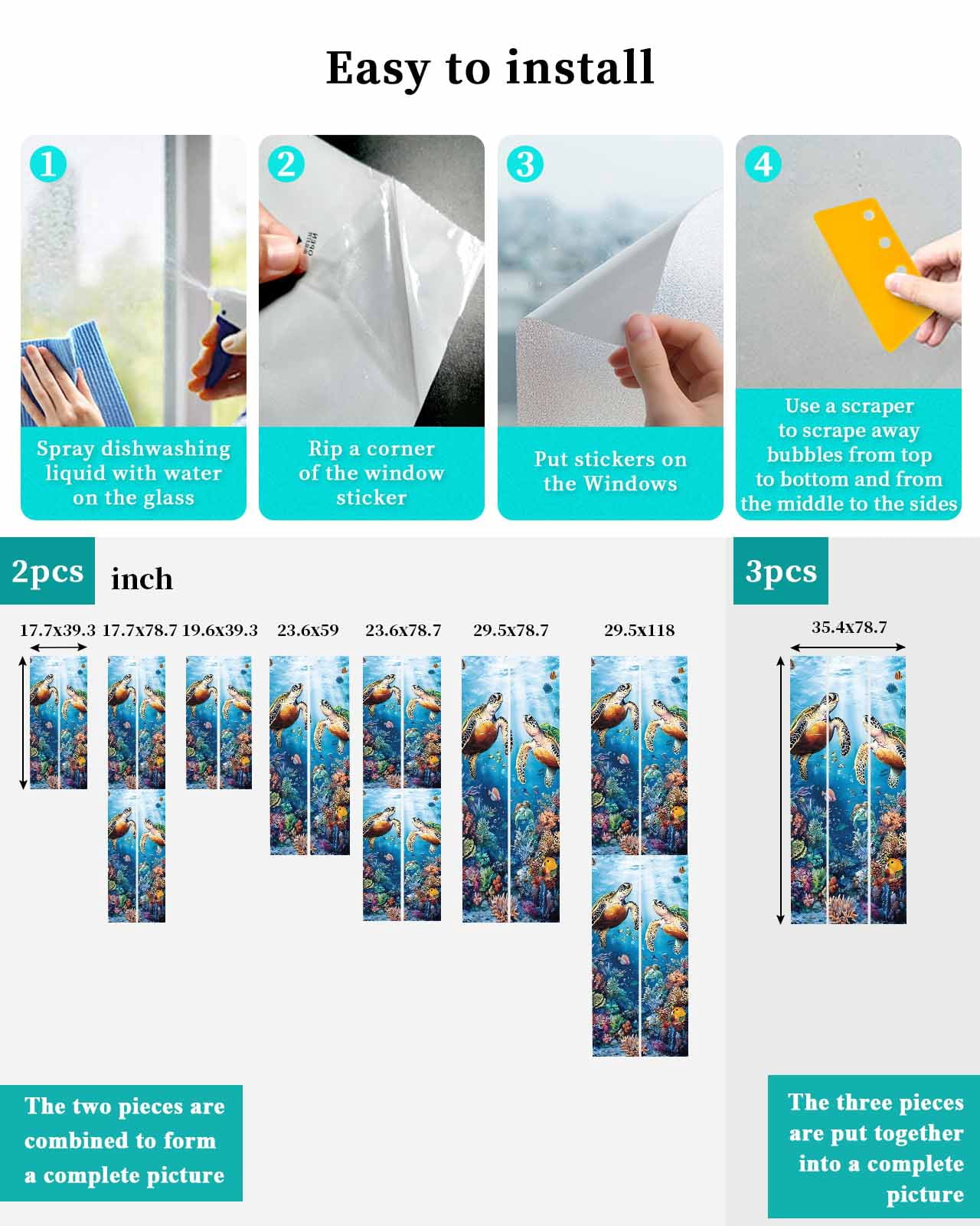 Window Privacy Film Ocean Turtle Stained Glass Window Film Decorative Sun Block Window Cover Sea Coral Underwater Animal Fish Blue Window Clings Static Adhesive Sticker for Bathroom 23.6"x59"