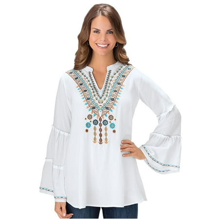 Women's Versatile Tunic with Intricately Embroidered Southwest Design on Neckline and Long Bell Sleeves, Large,