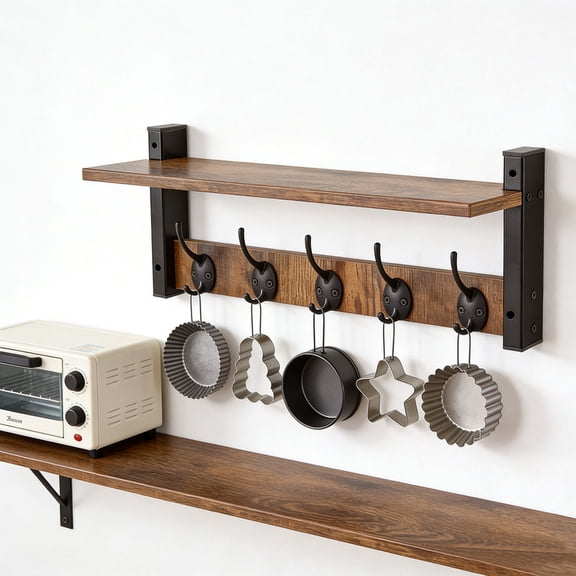 Jonster Wall-Mounted Coat Rack with Shelf - Industrial Wood & Iron Entryway Organizer with 5 Dual Hooks for Hats, Keys, Coats, and Home Decor