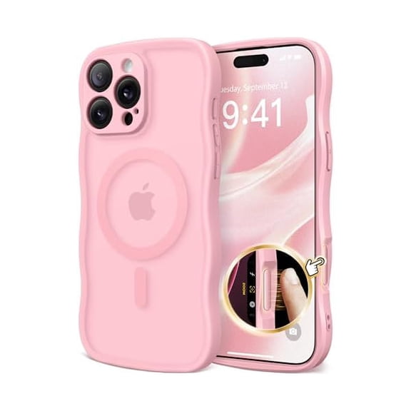 Eryueer for iPhone 16 Pro Case for Women Girls, Upgraded [Full Camera Protection] [Compatible with MagSafe] Cute Wave Translucent Matte Phone Case for iPhone 16 Pro, Peach Pink