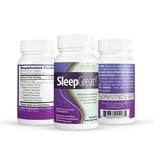 Sleep Great is a Non-Habit Forming Natural Sleeping Aid. Helps You Fall Asleep Faster Special Special Blend with Melatonin, Valerian, Lemon Balm & Passion Flower Extract, 100 Capsules