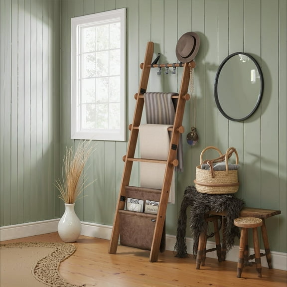 LEDREM 5-Tier Wooden Blanket Ladder with Hooks and Leather Strap Accents, Decorative Farmhouse Quilt Rack for Living Room Bedroom, Caramel Brown
