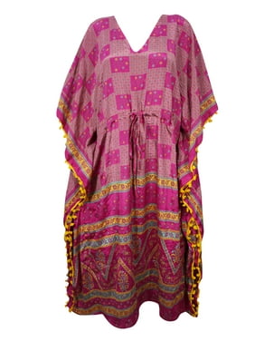Mogul Pink Maxi Long Caftan Printed Pom Pom Tassel V Neck Silk Blend Beach Cover Up Sleepwear Wedding Kaftan Dress 4X