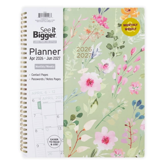 See It Bigger M/W Planner, Large (9" x 11"), Green Floral, 15-Month: Apr 2026 - Jun 2027