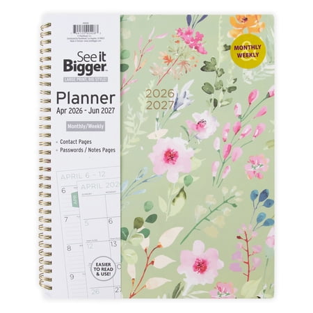 See It Bigger M/W Planner, Large (9" x 11"), Green Floral, 15-Month: Apr 2026 - Jun 2027