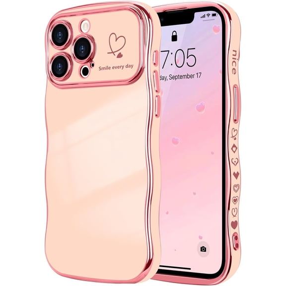 MYKOMI for iPhone 13 Pro Max Case for Women Girls, Cute Wave Frame Curly Shape with Love Heart Raised Camera Protection Cover Luxury Plating Shockproof Phone Case for iPhone 13 Pro Max