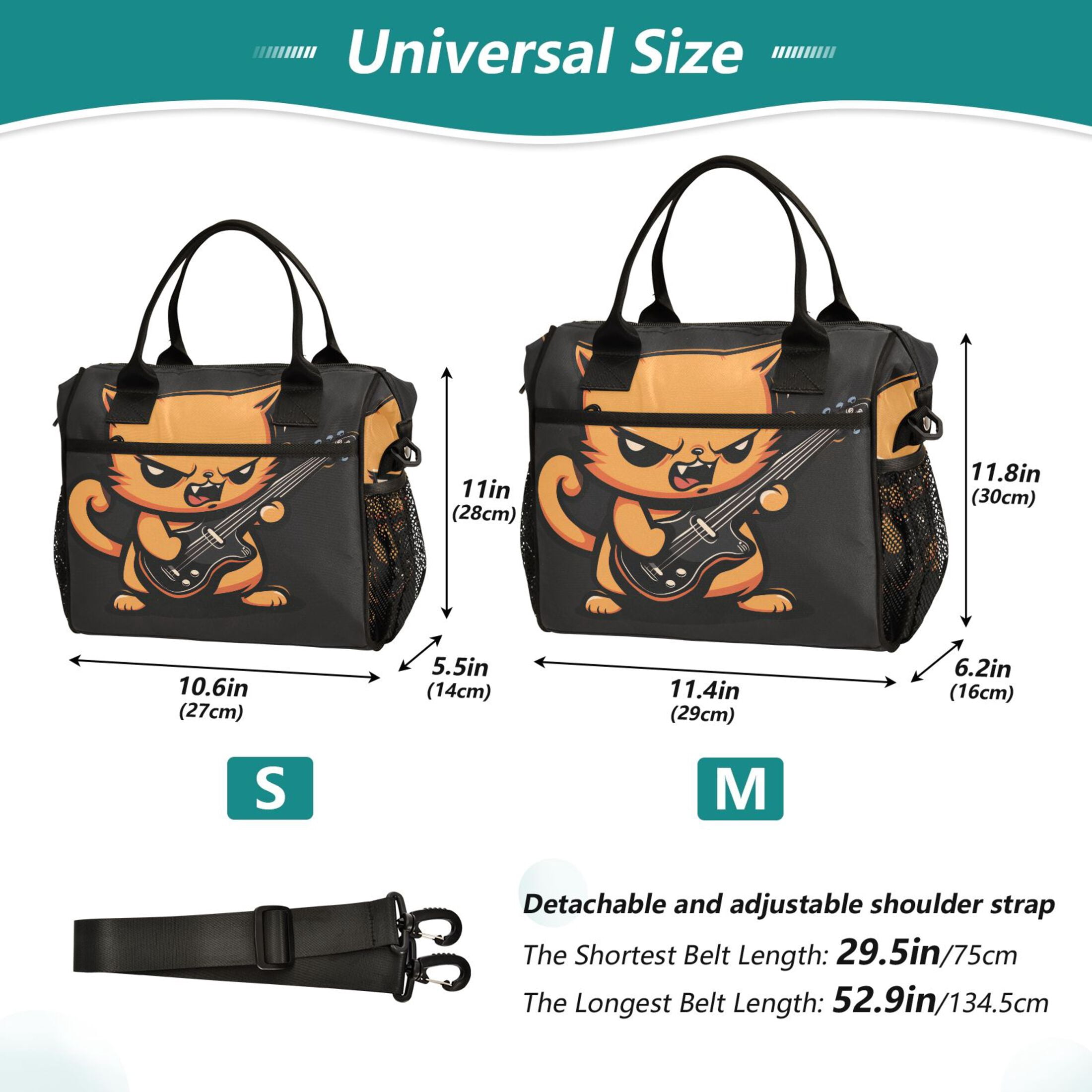 Lunch Bag Insulated Lunch Box Leakproof Reusable Cooler Tote Adjustable Shoulder Strap for Men Women Angry Cat Playing Guitar 9L