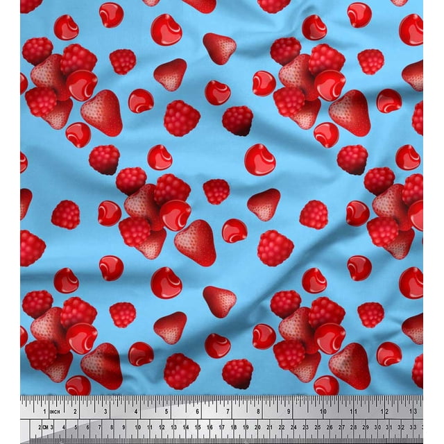 Soimoi Cotton Cambric Fabric Raspberry,Strawberry & Cherry Fruits Fabric Prints by Yard 42 Inch Wide