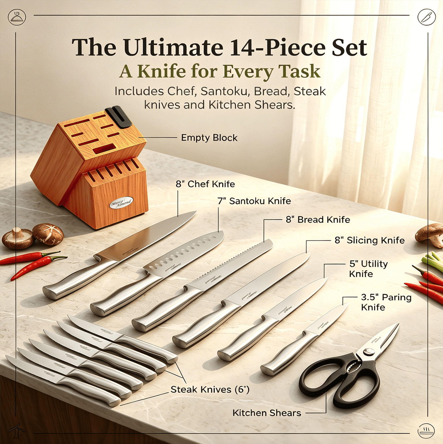 Marco Almond KYA26 14-Piece Knife Block Set with Built-in Sharpener,Stainless Steel knife set