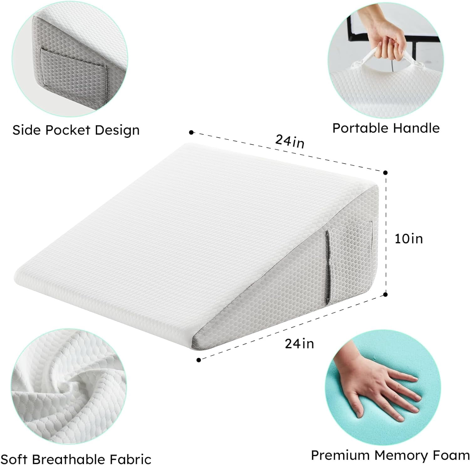 Wedge Pillow, 10 inch Bed Wedge Pillow for Headboard, Pillow Wedge for Acid Reflux Relief, Sleeping, Back Pain Relief, Snoring, Triangle Pillow Wedge, White/Grey