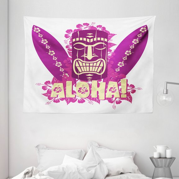 Tiki Bar Decor Tapestry, Tiki Culture Figure Surfboards Hibiscus Hand Drawn Aloha, Wall Hanging for Bedroom Living Room Dorm Decor, 80W X 60L Inches, Hot Pink Purple Light Yellow, by Ambesonne