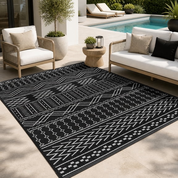 UNTIMATY 6'×9' Boho Outdoor Rug Waterproof Patio Carpet Outdoor Area Rug Large Plastic Straw Mat for RV Camping Porch Deck Balcony, Black