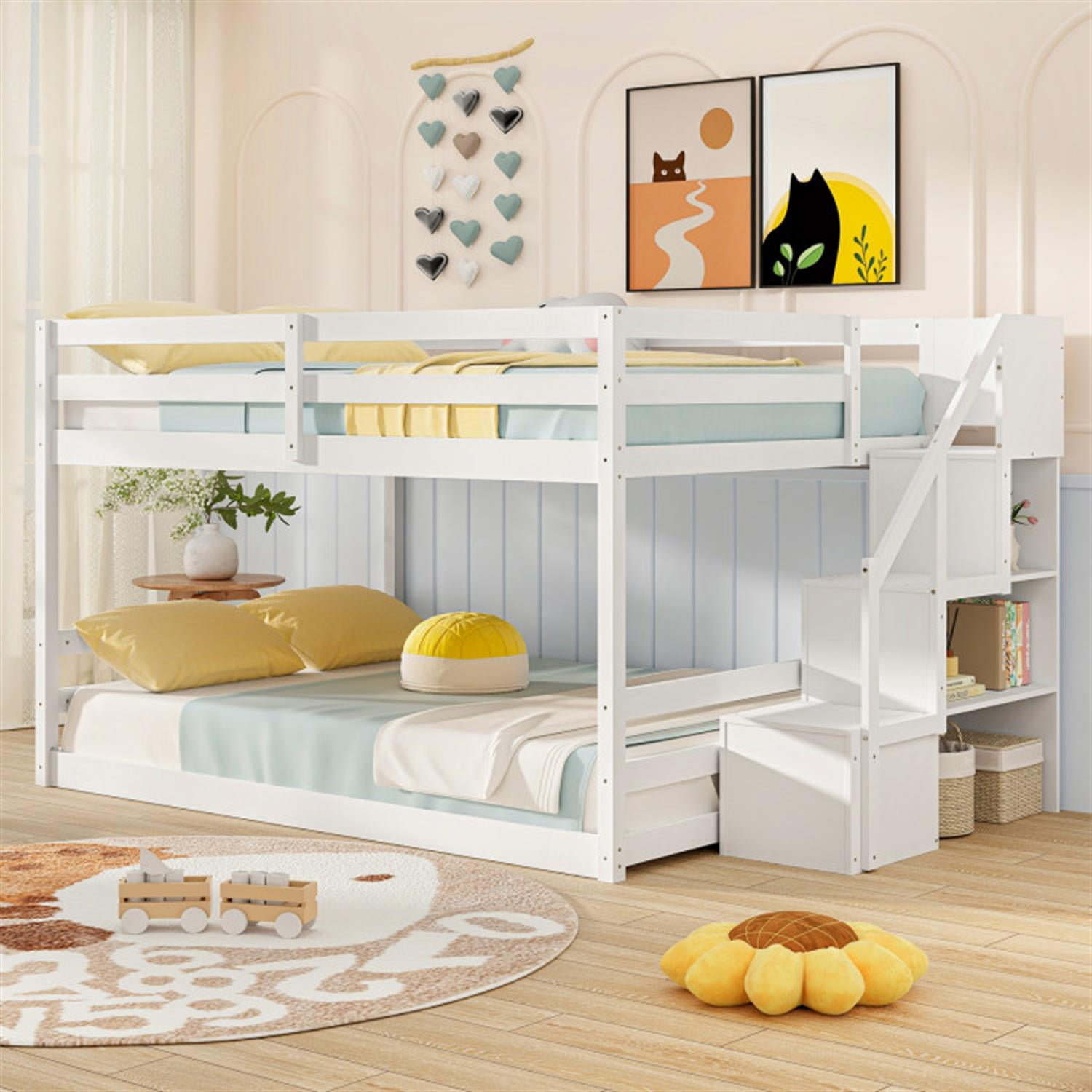 Demi Bonn Full Over Full Bunk Bed with Safety Rail and Storage Stairs, Space-saving Solid Wood Bed Frame, White