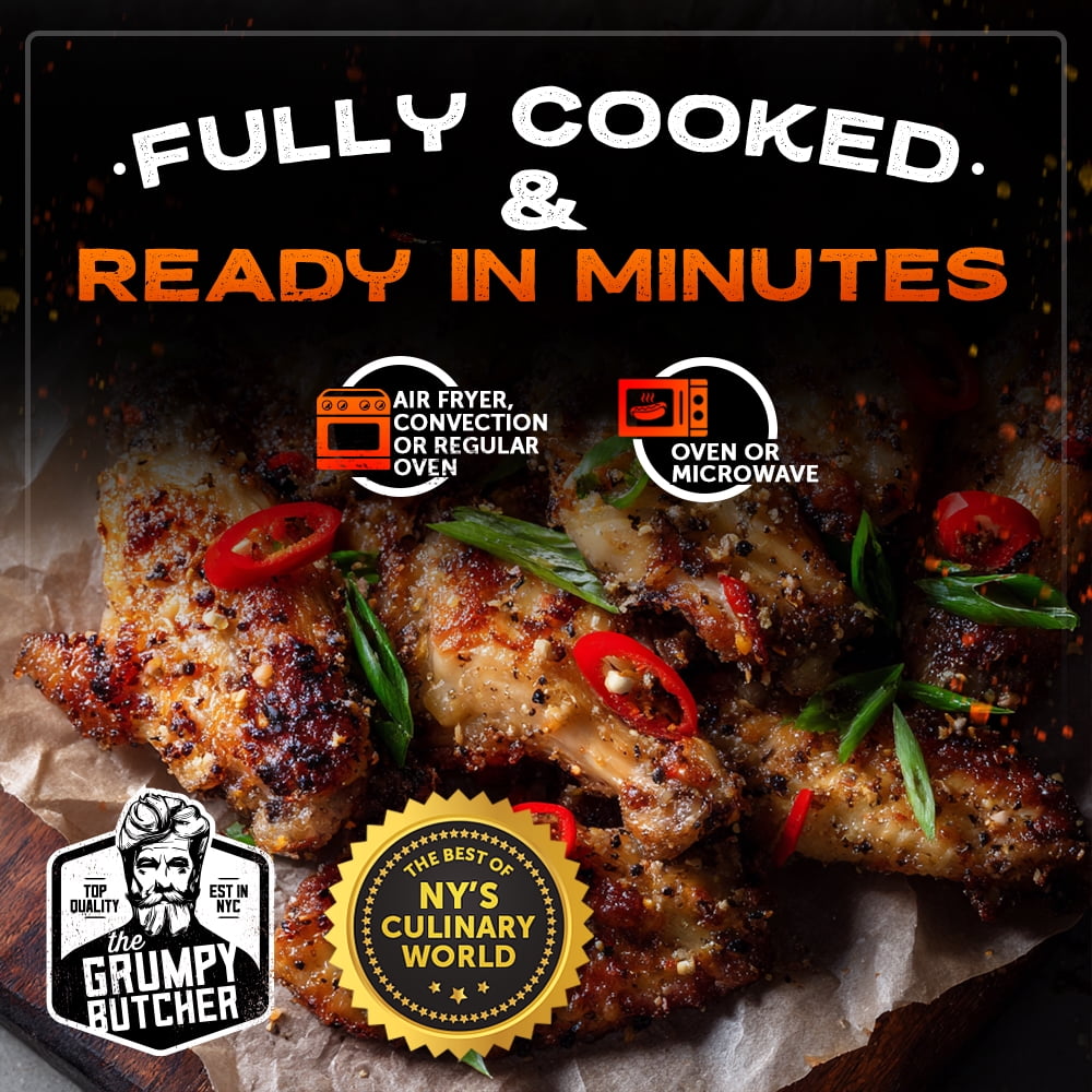 Grumpy Butcher Heritage Chicken Wings, Smoky Salt & Pepper, Fully Cooked & Microwaveable, 2 Pack (20 oz each)