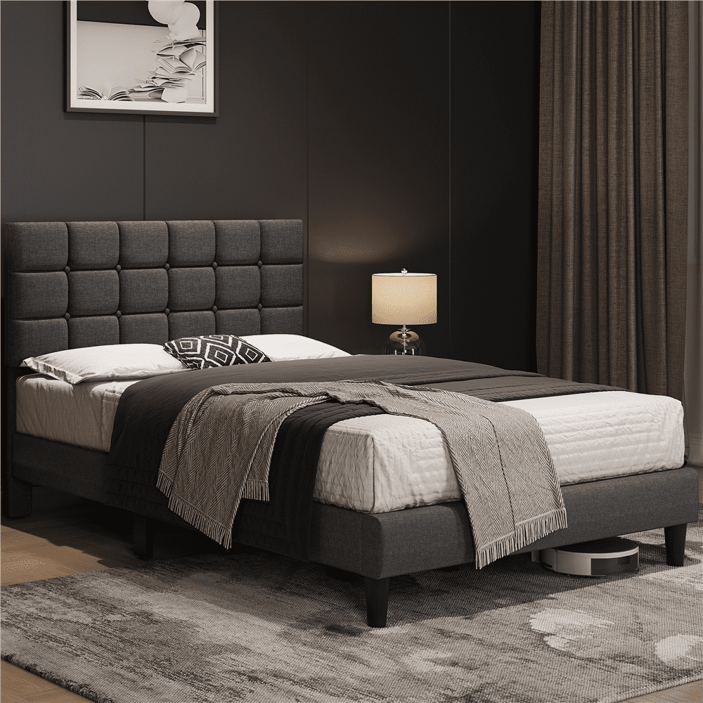 Renwick  Full Size Upholstered Platform Bed with Square Tufted Headboard, Dark Gray