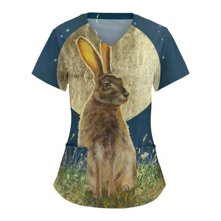 

TAIAOJING Women Scrubs Top Comfotable Easter Day Printing Short Sleeve V Neck Cartoon Working Tshirts Blouse Tops With Pockets
