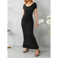 thumbnail image 5 of hirigin Women Long Bodycon Dress Solid Color Scoop Neck Short Sleeve Dress Summer Fashion Casual Floor Length Dress, 5 of 9