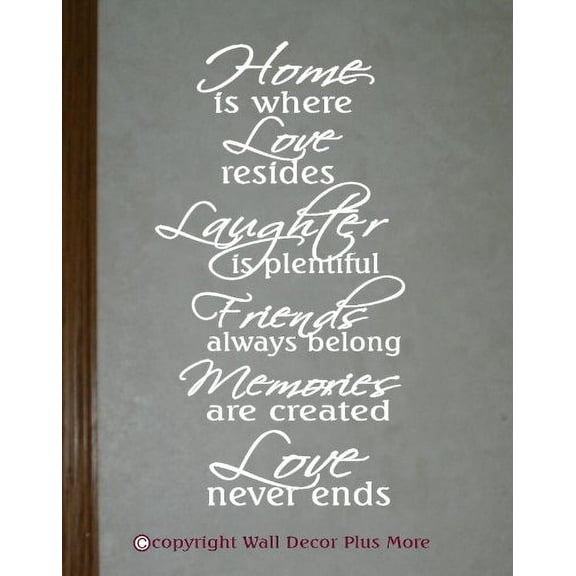 Family Décor Home Is Where Love Never Ends Vinyl Art Wall Decals, 23x13-Inch, White