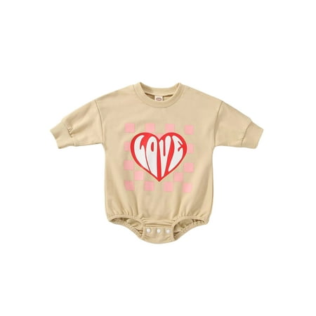 

Meihuida Baby Valentine’s Day Romper Long Sleeve Round Neck Heart Checkerboard Print Bodysuit