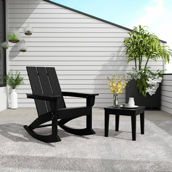 WestinTrends Ashore 2 Piece Patio Rocking Chair Set, All Weather Poly Lumber Adirondack Rocker Deck Porch Patio Chair with Large Side Table, Black