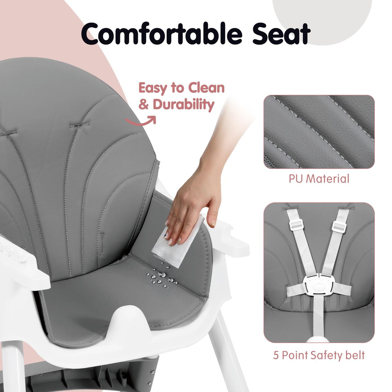 Aprpink 6 in 1 Baby Convertible High Chair Seat with 5 Point PU Safety Harness Gray Striped