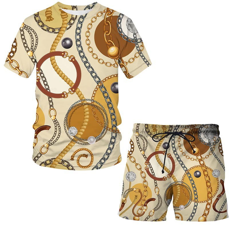 Men's Short Sleeve T Shirts and Shorts Set Gold Chain 3D Digital