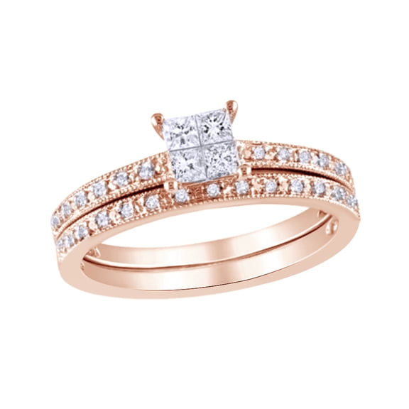 AFFY White Natural Diamond Quad Vintage-Style Bridal Ring Set In 10k Rose Gold (0.33 Cttw)