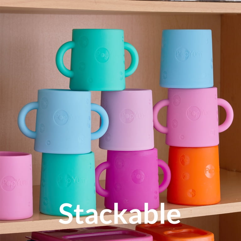 PopYum Silicone Training Cup 2-Pack For Babies & Toddlers - Orchid Pink With Handles & Sky Blue, BPA-Free, Self-Feeding Tumblers