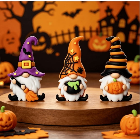 3 Pack Halloween Gnome Figurines, Mini Resin Faceless Dwarf Statues, Spooky Tabletop Ornaments for Holiday Party, Tiered Tray & Home Scene Decor