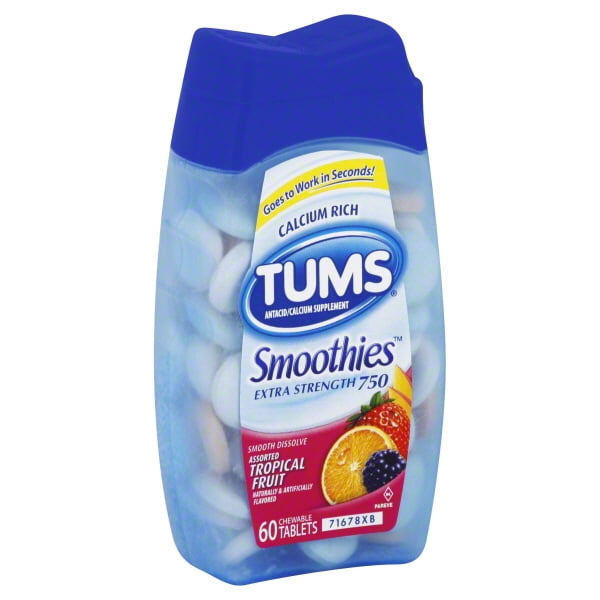 Tums Smoothies Tropical Fruit Antacid & Calcium Supplement, 60 Count