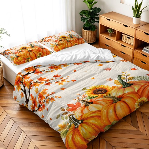 Queen Size 3 Pieces Duvet Cover Sets Fall Pumpkin Sunflower Maple Leaf Bedding Set,Microfiber Soft Comforter Cover with Pillow Shams,Luxury Quilt Covers for Bedroom Thanksgiving Theme Retro Linen