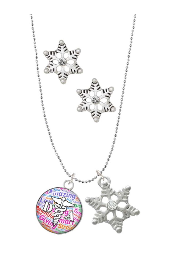 Silvertone Domed Multi Color DA Silver tone Snowflake Charm Necklace and Stud Earrings