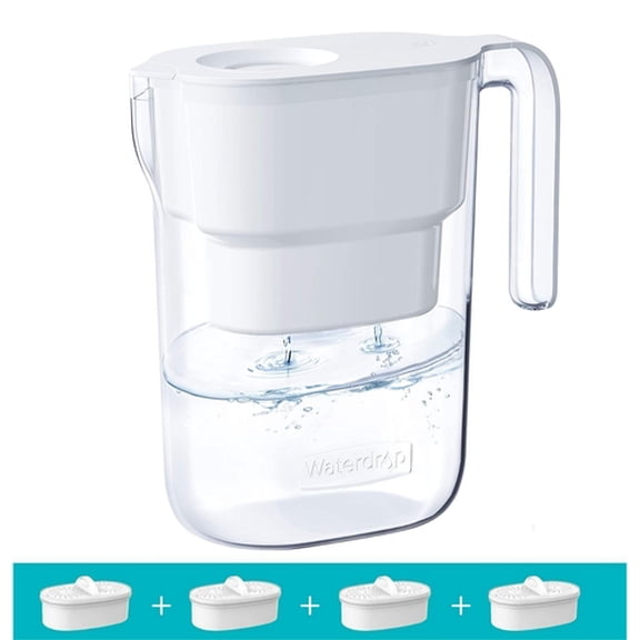 Waterdrop Water Filter Pitcher with 4 Filter, 5X Times Lifetime, Lasts 200 Gallons, for Fridge, Countertop and Gift, Reduces PFOA/PFOS, Chlorine, 7-Cup Capacity, Elfin, White