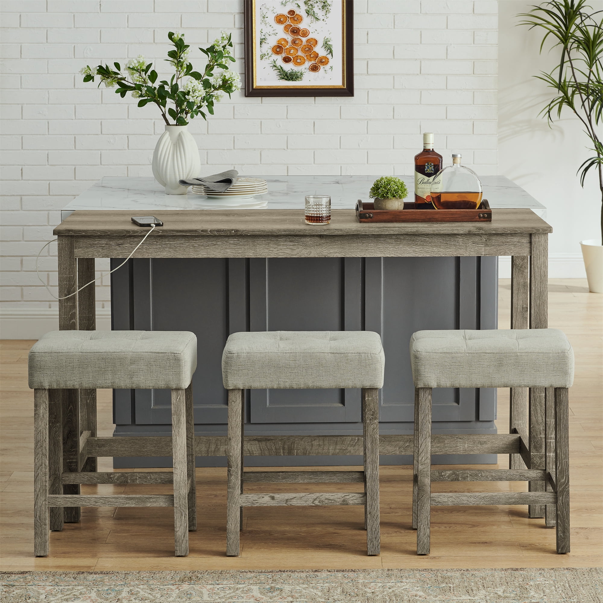Leumius 4 Piece Bar Table Set with Power Outlet,Rustic Industrial Style Breakfast Table with 3 Padded Stools,Dining Bar Table and Chairs Set for Living Room, Dining Room, Game Room,Brown