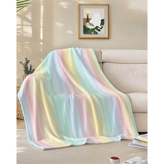 Fleece Blanket Rainbow Stripes Gradient Blankets, Soft Cozy Warm Flannel Throw Blanket, Pastoral Watercolor Line Blanket for Bed Couch Sofa,50x60In