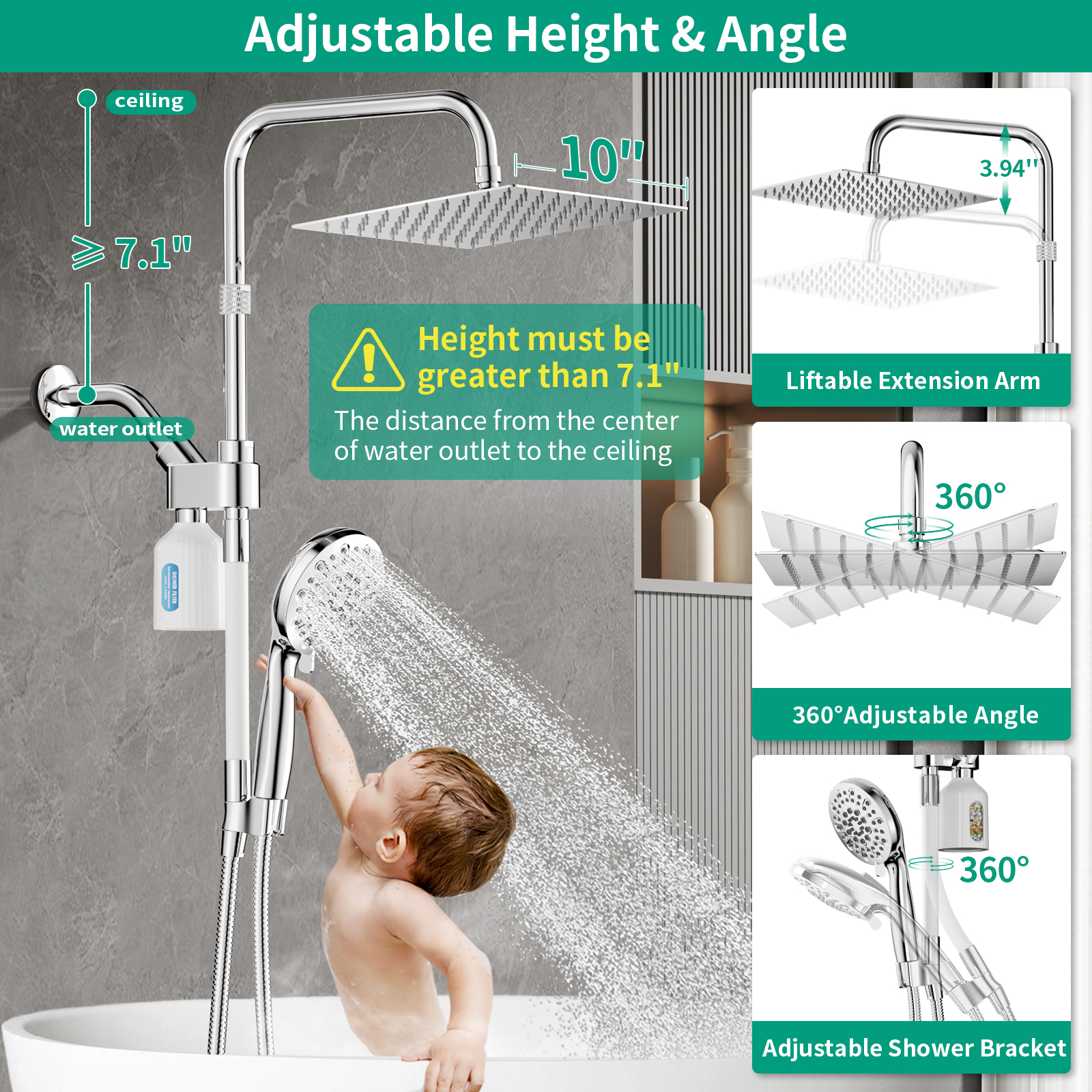 KAIYING Rain Shower Head Combo with Filtration, High Pressure Dual Shower Heads, Handheld Spray, Long Hose & Adjustable Arm