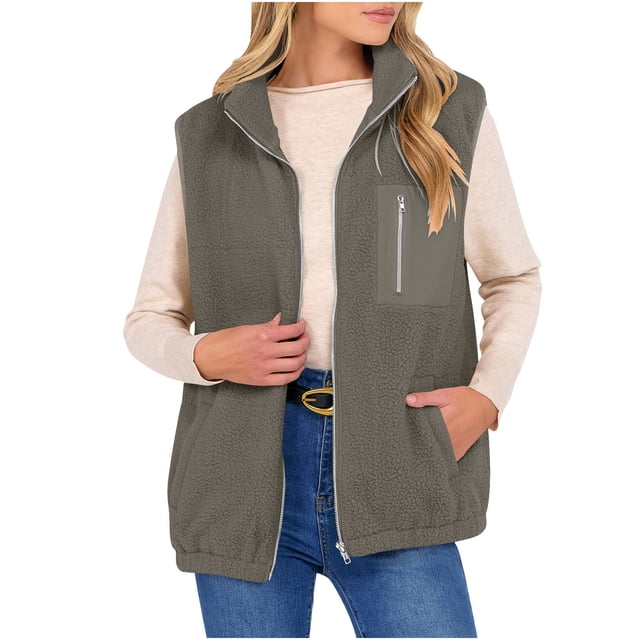 Plebaso Veste Sans Manches pour Femmes à Fermeture Éclair, Col Montant, Veste Duveteuse en Molleton pour Femmes avec Poches