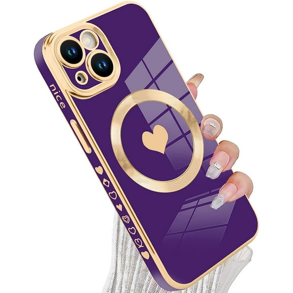 Magnetic for iPhone 14 Plus Case [Compatible with Magsafe] Cute Love Luxury Plating Edge Bumper Case with Full Camera Lens Case for iPhone 14 Plus Phone Case, Purple (6.7")