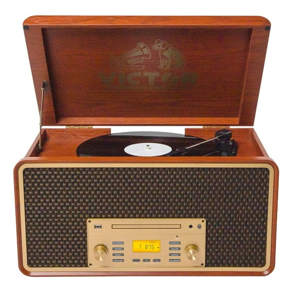 Victor Bluetooth Stereo Turntable Record Player with Wireless Speakers, Mahogany