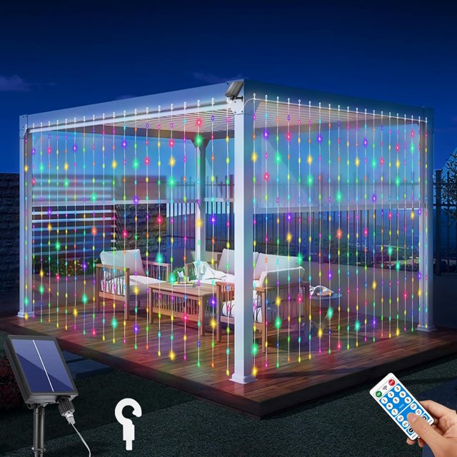 FZC-Solar Lumières de Rideau Extérieur Étanche 300LED Cascade avec 8 Modes Télécommande USB Rechargeable Minuterie Dimmable Guirlande Lumineuse Féerique pour Noël Extérieur Gazebo Mariage Fenêtre